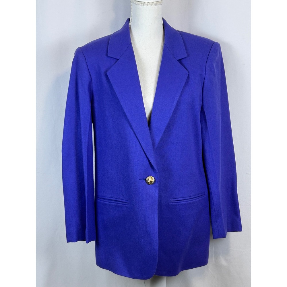 Vintage Cobalt Blue Wool Blazer Gold Swirl Button Notched Lapel Longline Jacket